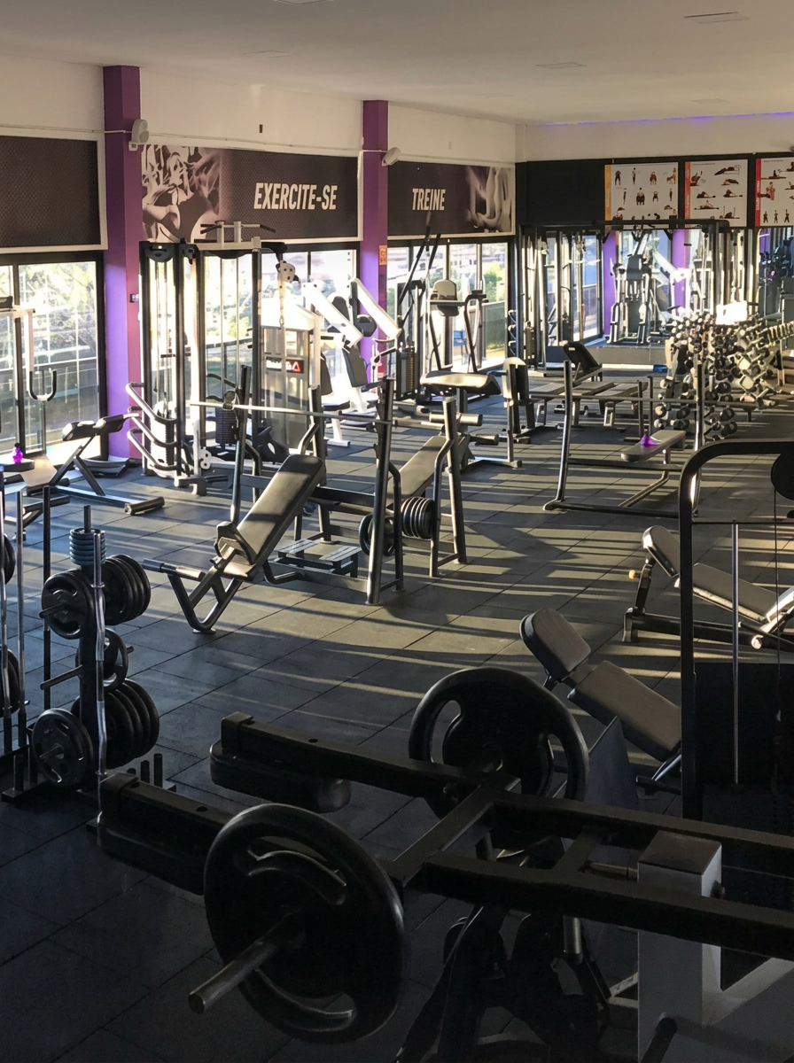 Bancos e anilhas na área de musculação da HJ Fitness